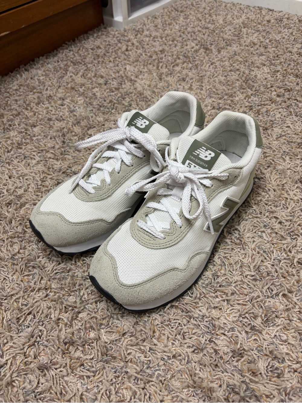 New Balance Women's 515 White and Light Olive Classic Sneakers